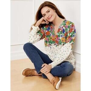 Talbots Shirt medium M white floral spring summer lightweight top blouse office